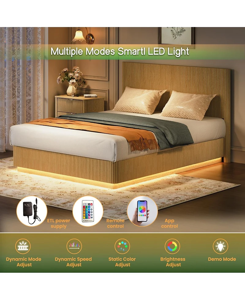 Streamdale Furniture 82 inches Queen Size Bed Frame with Led Lights, Modern Oak Wood Design