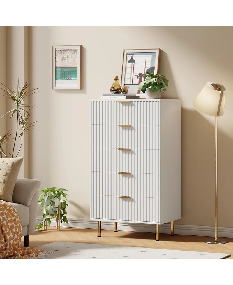 Gaomon Fluted 5 Drawer Dresser for Bedroom, 48 in Tall Modern Chest of Drawers with Deep Drawers and Wide Top and Wooden Dresser Organizer