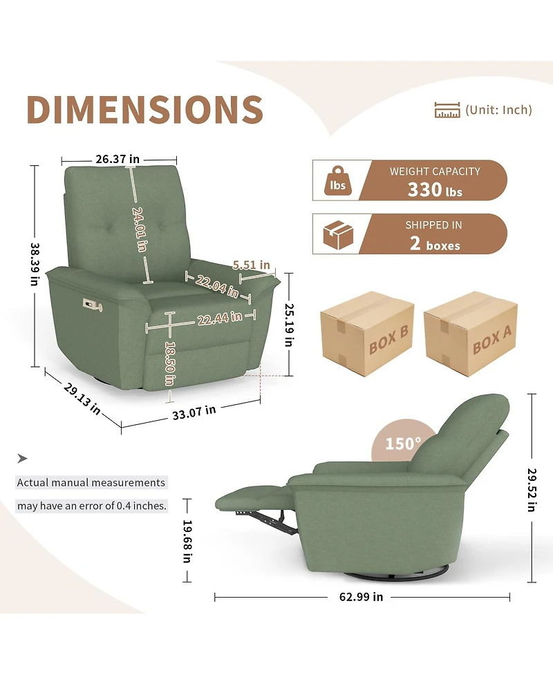 Streamdale Furniture 270° Power Swivel Rocker Recliner w/ Phone Holder & Usb Ports