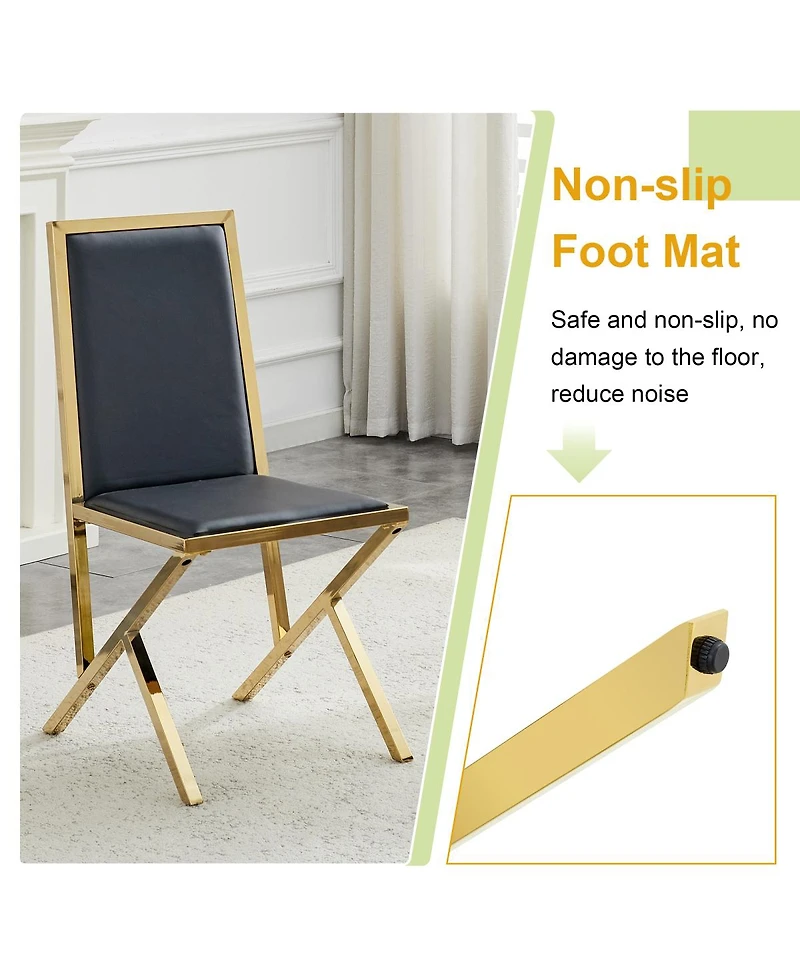 Streamdale Furniture 4-pack gold metal framed black Pu dining chairs with ergonomic design.