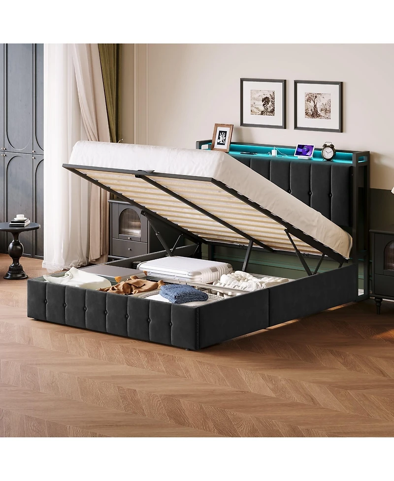 gaomon Lift Up Bed Frame with Charging Station & Led Lights,Upholstered Bed with Storage Headboard
