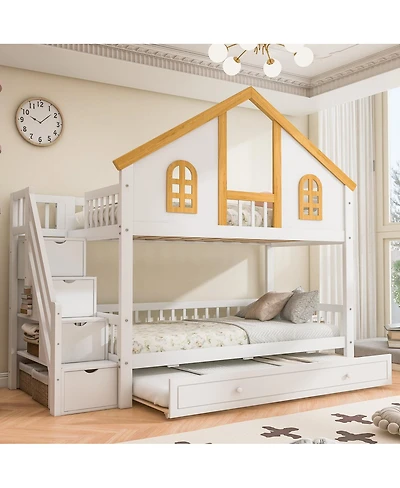 Streamdale Furniture Streamdale Twin Size Wooden House Bunk Bed with Storage Staircase & Trundle