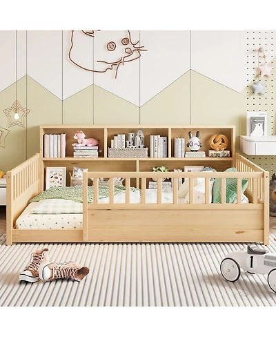 Streamdale Furniture Wooden floor bed with fence guardrail & side storage.