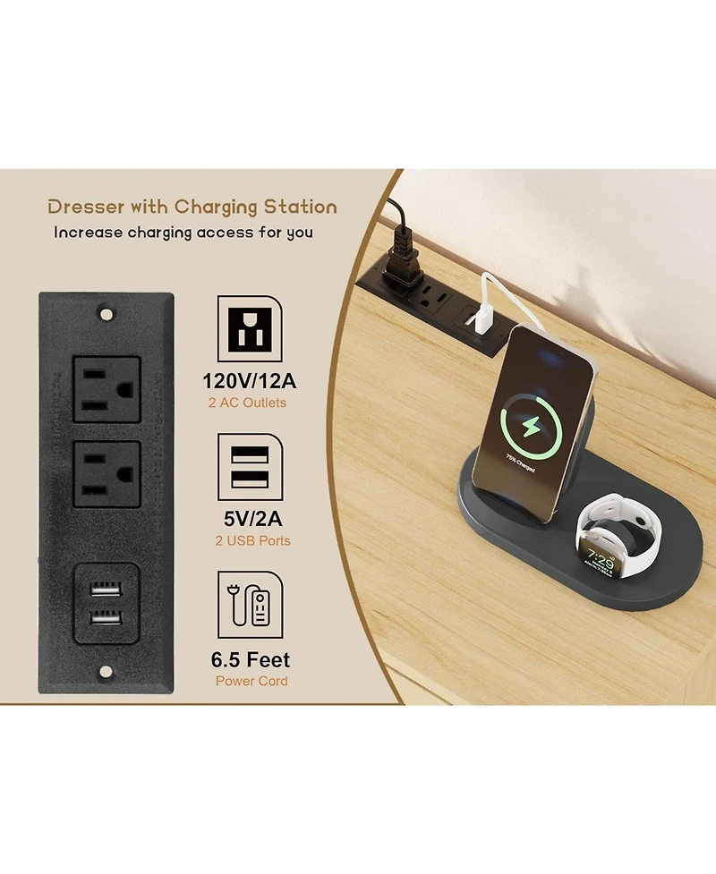 gaomon 6 Rattan Drawer Dresser with Usb Ports and Outlets, Storage Chest of Drawers for Bedroom, Living Room, Hallway, Bedside, Dining Room