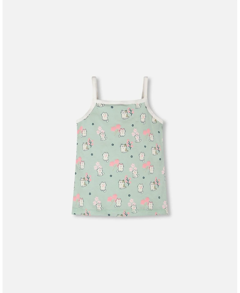 Deux par Girls Cotton Tank Underwear Green Kitten Print