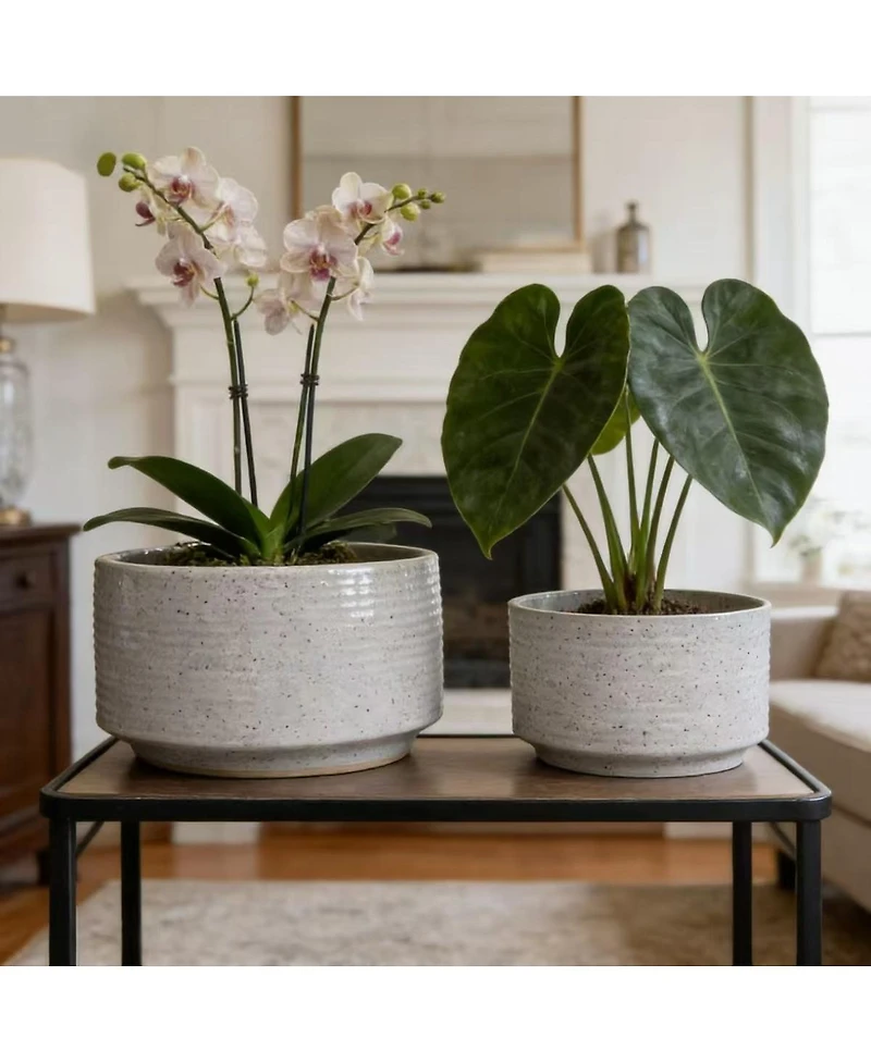 Streamdale Furniture Handmade Ceramic Planter Set (2), 11" & 8" Ridged, Breathable Clay for Plants