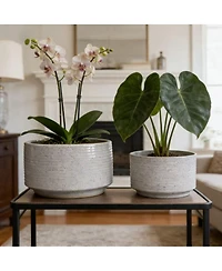 Streamdale Furniture Handmade Ceramic Planter Set (2), 11" & 8" Ridged, Breathable Clay for Plants