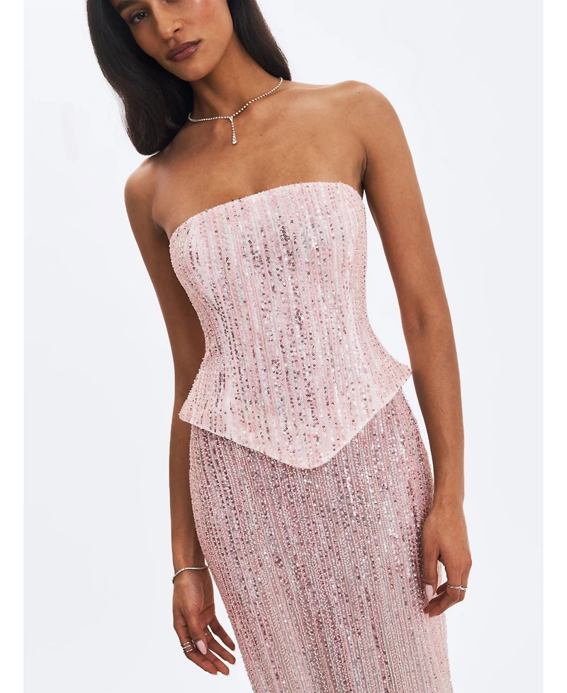 Miss Circle Women's Tosca Pink-to-White Beaded Gradient Strapless Maxi Dress