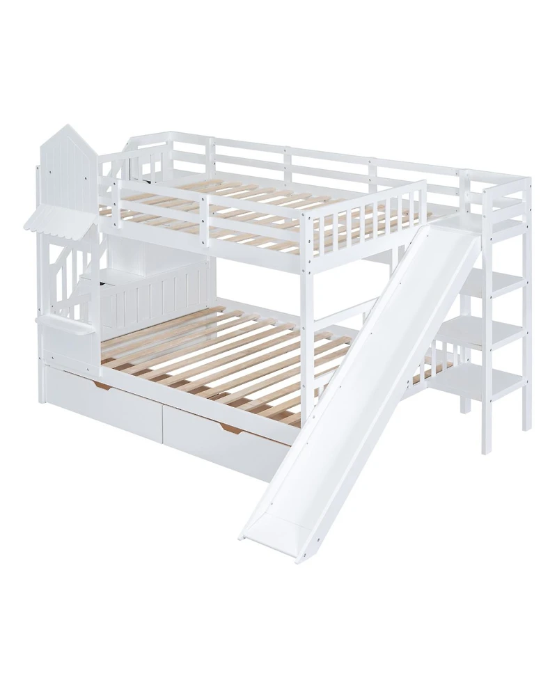 Streamdale Furniture Full-Over-Full Castle Bunk Bed w/ Drawers, Shelves & Slide - White