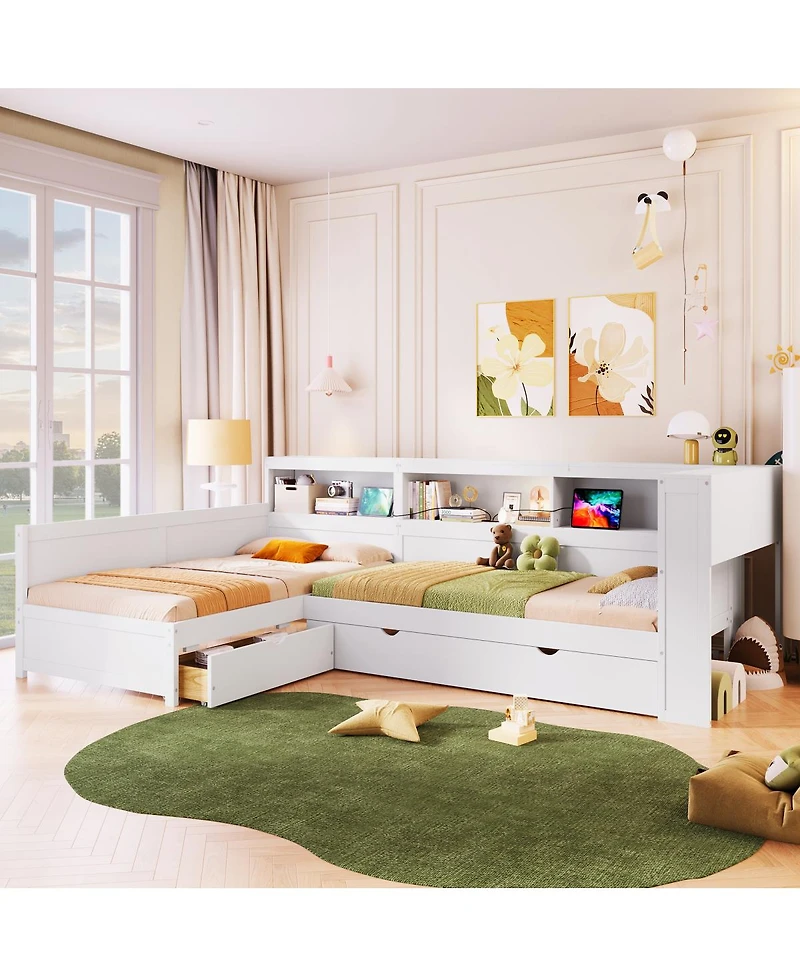 Streamdale Furniture Wood Twin L-shaped Platform Bed with Trundle & Drawer