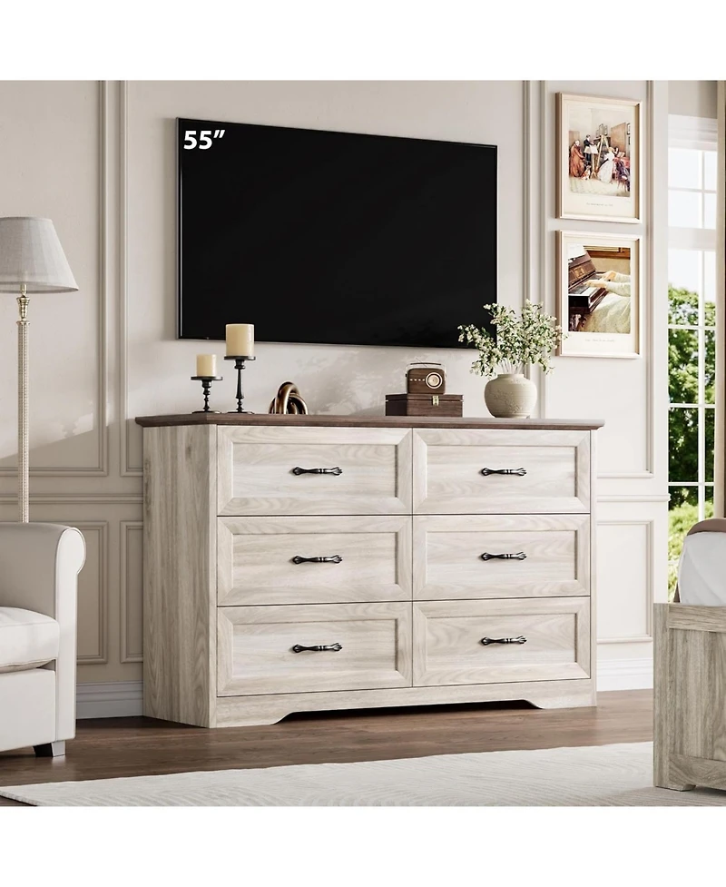 Gaomon 6-Drawer Dresser, Farmhouse Wooden Storage Chest with Wide Handles for Bedroom
