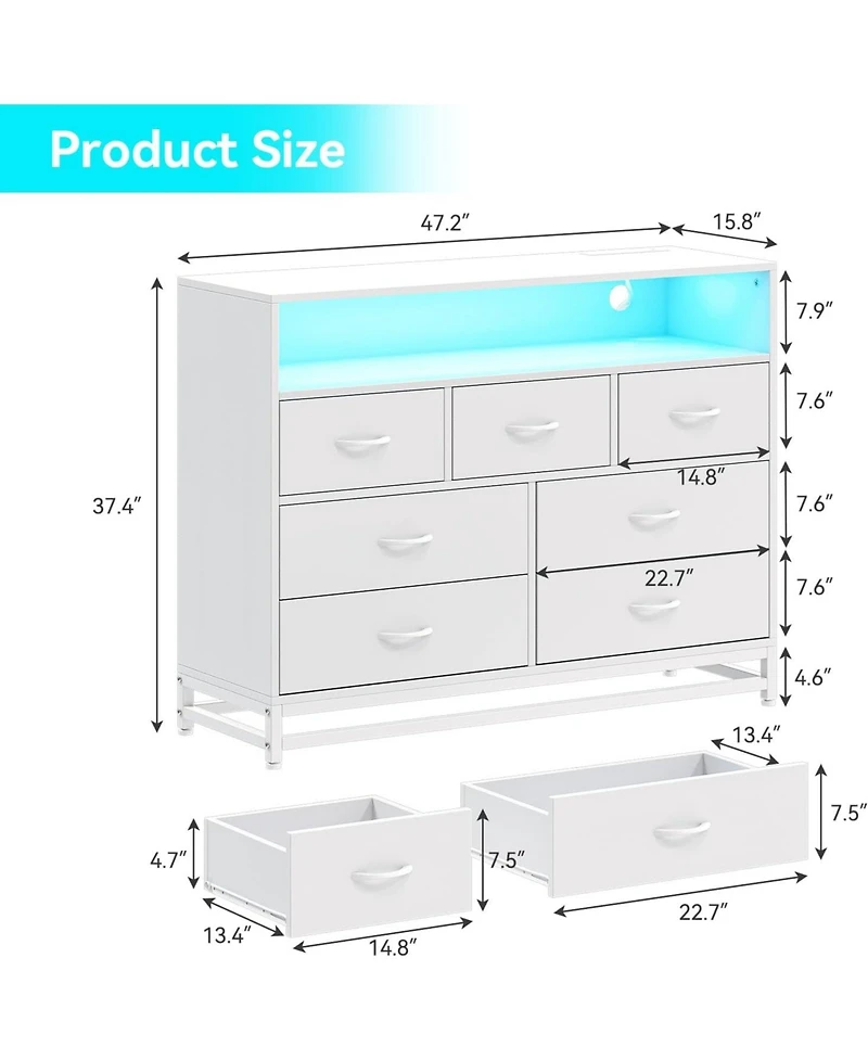 gaomon 7 Drawers Dresser for Bedroom, Dresser Tv Stand with Charging Station and Led Lights, Modern Wooden Large Capacity Storage Dresser