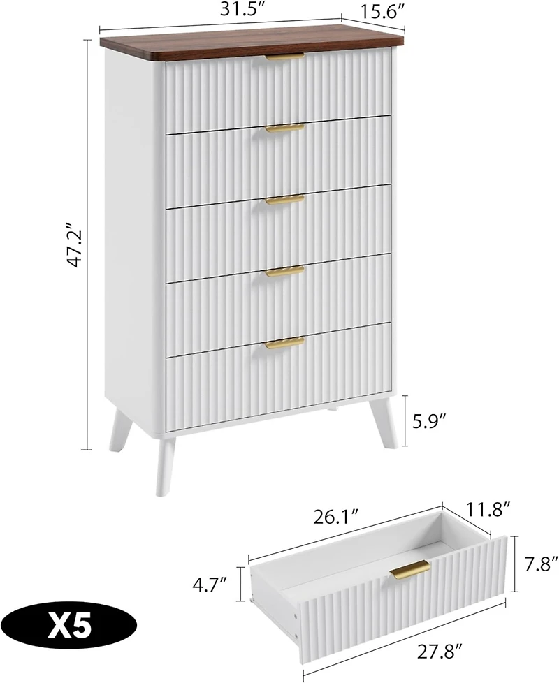 gaomon Fluted Dresser for Bedroom with 5 Deep Drawers, 47.2" Tall Chest of Drawers, Curved Profile Design, Modern Wooden Dresser, for Living Room