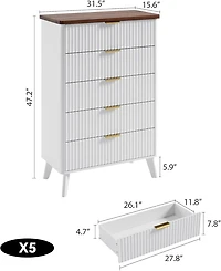gaomon Fluted Dresser for Bedroom with 5 Deep Drawers, 47.2" Tall Chest of Drawers, Curved Profile Design, Modern Wooden Dresser, for Living Room