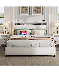 Streamdale Furniture Queen Bed Frame with Ergonomic Headboard, Outlets & Storage Shelf
