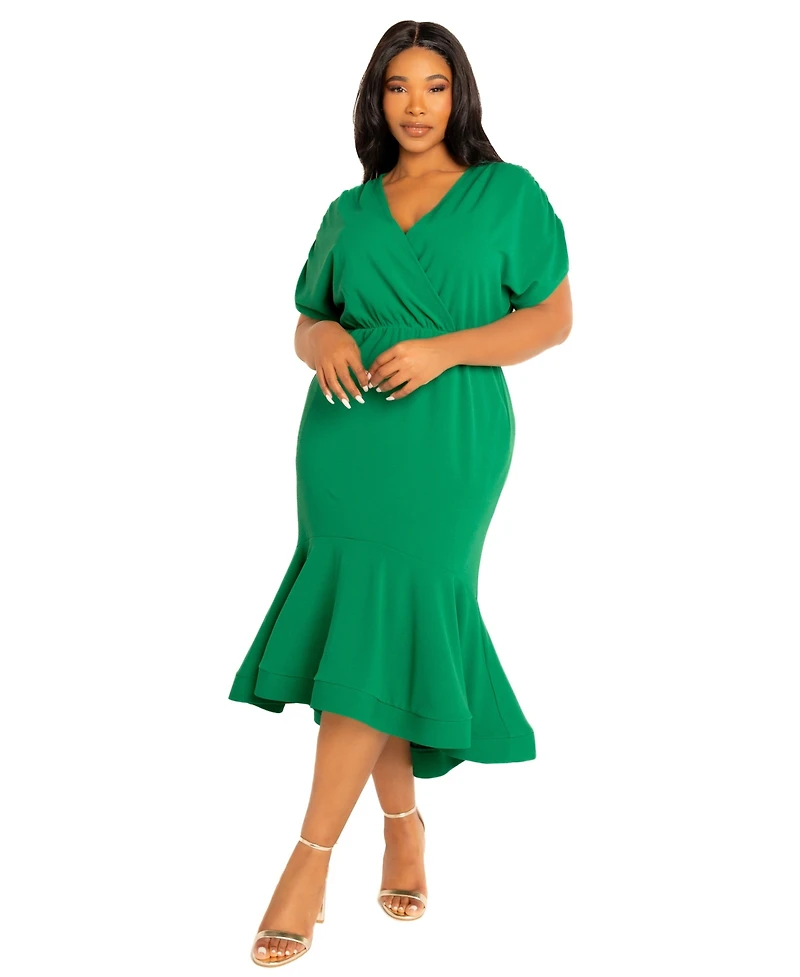 Buxom Couture Plus V-Neck Flounce Hem Midi Dress