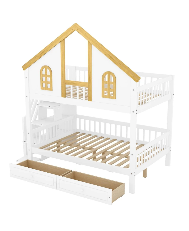 Streamdale Furniture Full Size Wooden House Roof Bunk Bed with Window, Door, Storage & Stairs