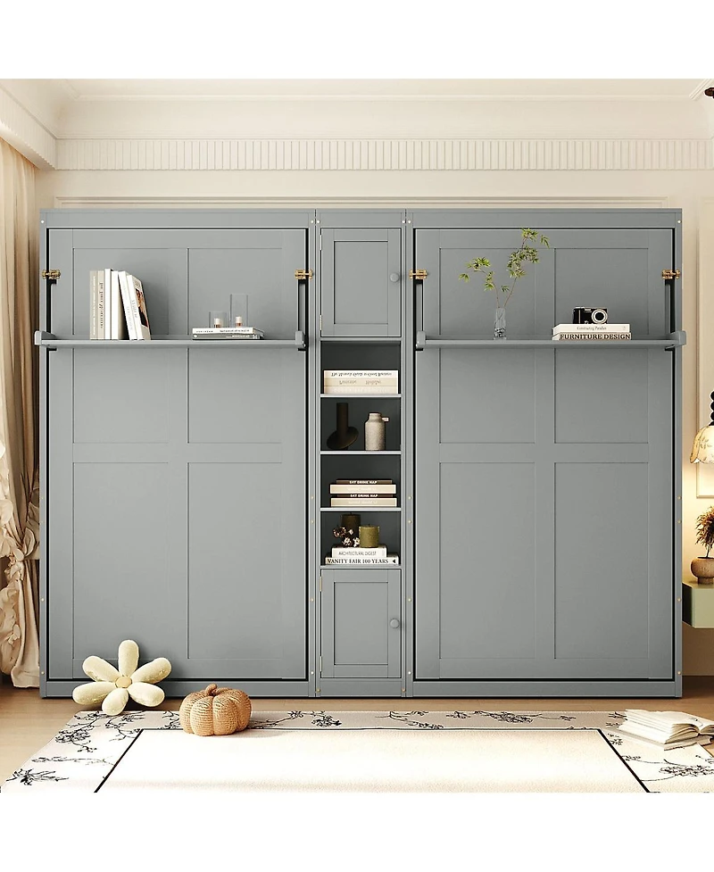 Streamdale Furniture Dual Twin Wall Murphy Beds w/ Cabinets & Shelves