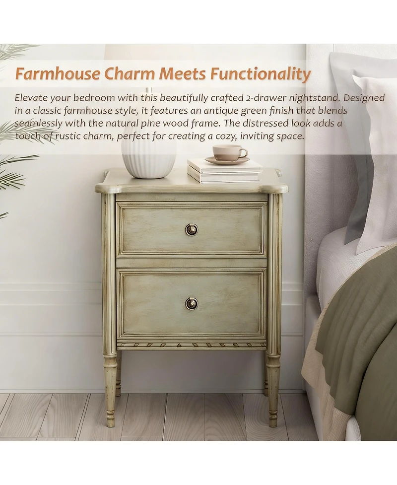 Yigii Wood 2 Drawer Farmhouse Nightstand with Antique Finish
