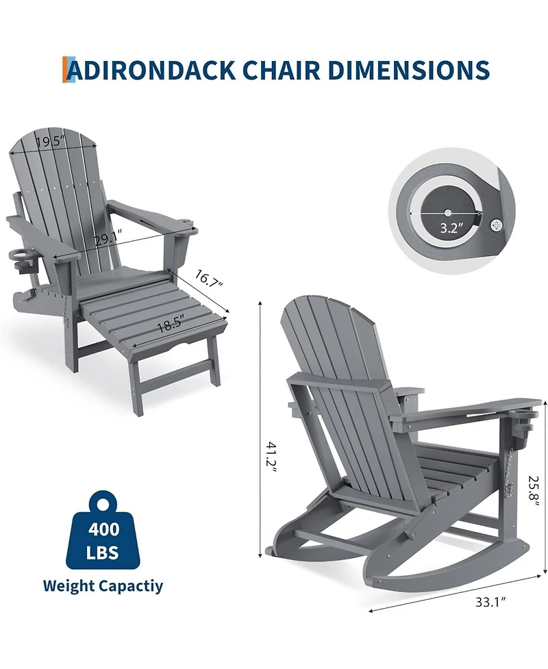 gaomon Adirondack Rocking Chair, Folding & Portable Rocker with Retractable Ottoman Cup Holders, Hdpe All Weather Outdoor Chair for Porch