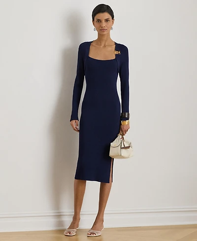 Lauren Ralph Women's Buckle-Trim Rib-Knit Square Neck Sweater Dress