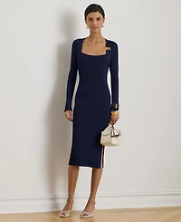 Lauren Ralph Women's Buckle-Trim Rib-Knit Square Neck Sweater Dress