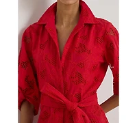 Lauren Ralph Women's Eyelet Voile Balloon-Sleeve Collared Shirt Dress