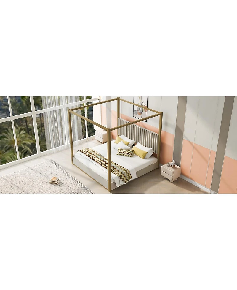 Streamdale King Size Beige Upholstery Canopy Platform Bed with Headboard & Metal Frame