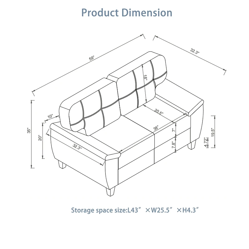 Streamdale Furniture 59" Modern Faux Leather Loveseat Sofa with Storage, Big Armrest