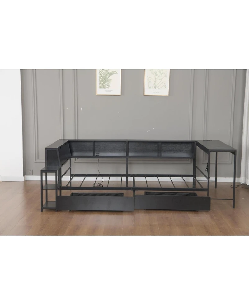 Streamdale Corner Bed Frame Full Size with Bookcase, Led, Charging Station, Black