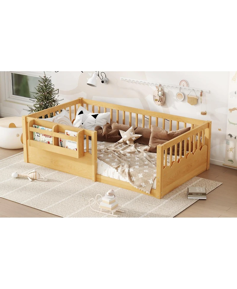 Streamdale Furniture Twin Floor Bed with Fence & Bookshelf, Natural Wood for Kids
