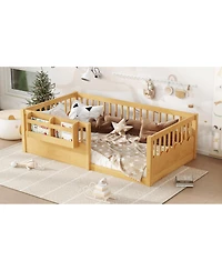 Streamdale Furniture Twin Floor Bed with Fence & Bookshelf, Natural Wood for Kids