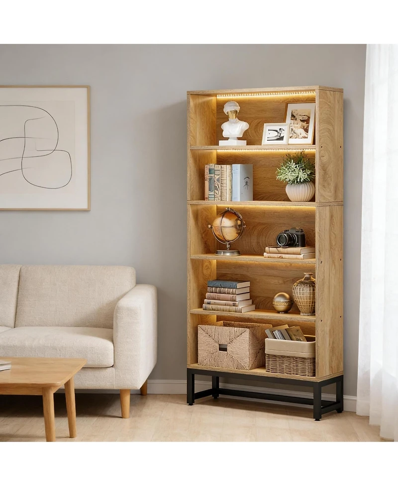 Rainsken Tall Bookcase, 5-Tier Bookshelf with App-Controlled Led Lighting, Closed Back Design and Adjustable Feet for Home Office, Living Room