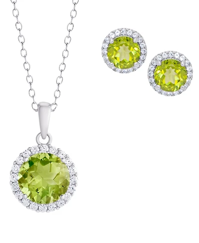 Macy's 2-Pc. Genuine Peridot (2.95 ct. t.w.) and White Topaz (0.29 ct. t.w.) Round Halo Pendant Necklace and Stud Earrings Set in Sterling Silver