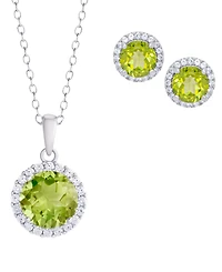 Macy's 2-Pc. Genuine Peridot (2.95 ct. t.w.) and White Topaz (0.29 ct. t.w.) Round Halo Pendant Necklace and Stud Earrings Set in Sterling Silver