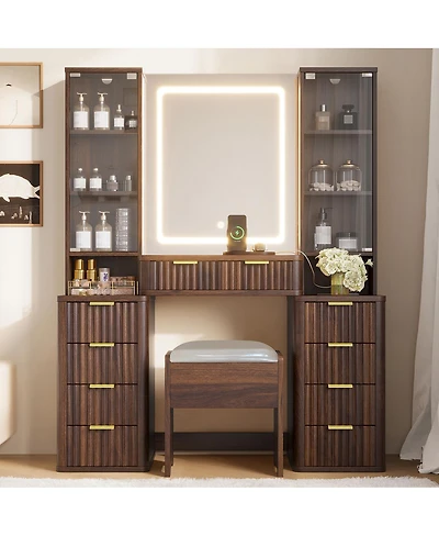 Streamdale Furniture 43.5" Fluted Makeup Vanity Desk w/ Mirror, Lights, 10 Drawers