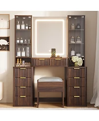 Streamdale Furniture 43.5" Fluted Makeup Vanity Desk w/ Mirror, Lights, 10 Drawers