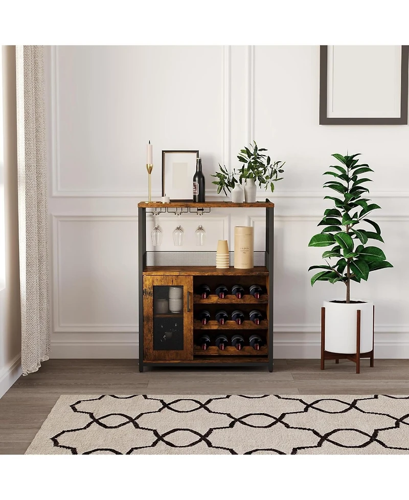 gaomon 3-Tier Wine Bar Cabinet with Led Detachable Wine Rack and Storage Space Buffet Cabinet with Glass Holder and Mesh Door