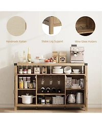 gaomon Farmhouse Wine Bar Cabinate 52 Inch Rattan Coffee Bar with Adjustable Storage Shleves with Wine Racks for Dining Room