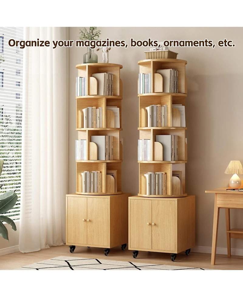 Rainsken 360° Rotating Bookshelf Tower, 5 Tier Wooden Display Bookcase with Wheels and Double Door Storage Cabinet