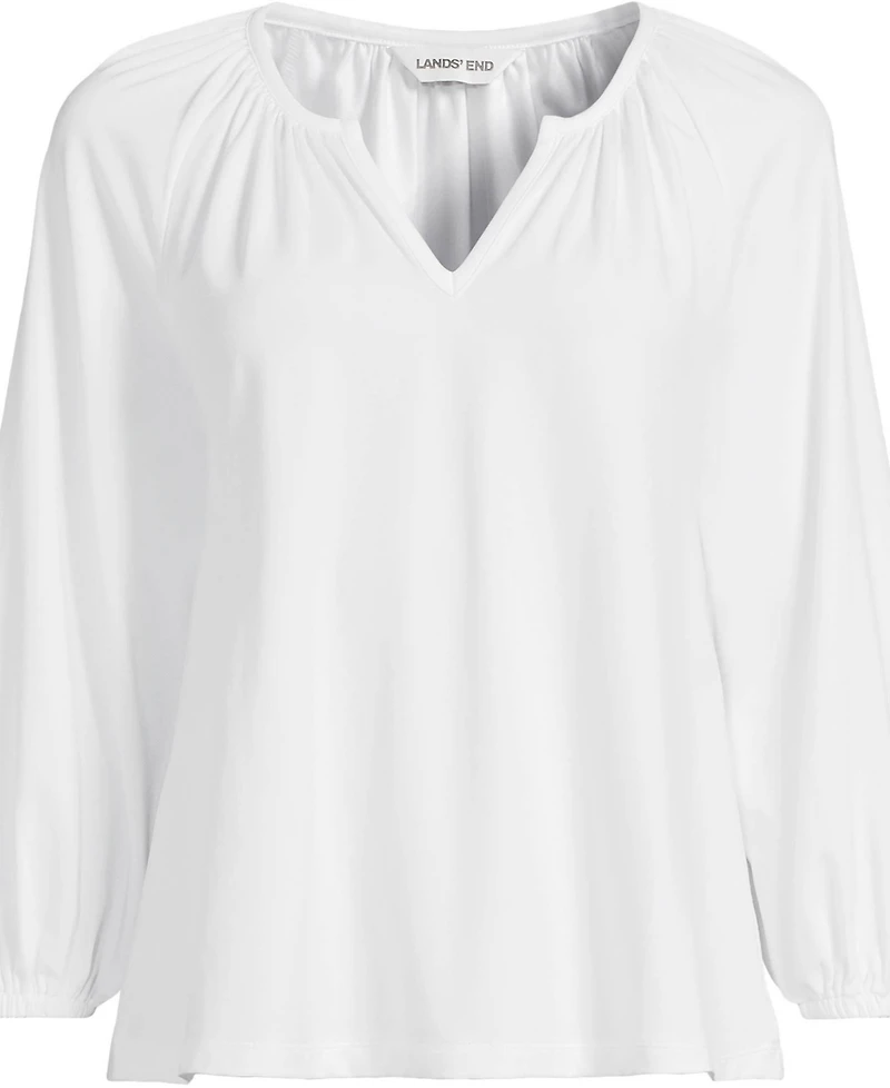 Lands' End Women's Lightweight Jersey 3/4 Sleeve Notch Neck Gather Blouse