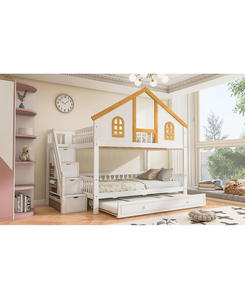 Streamdale Full Size Wooden House Roof Bunk Bed with Storage Staircase