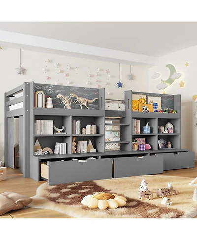 Streamdale Furniture Twin Xl Loft Bed w/ Multi-Storage Shelves, Curtain & Chalkboard