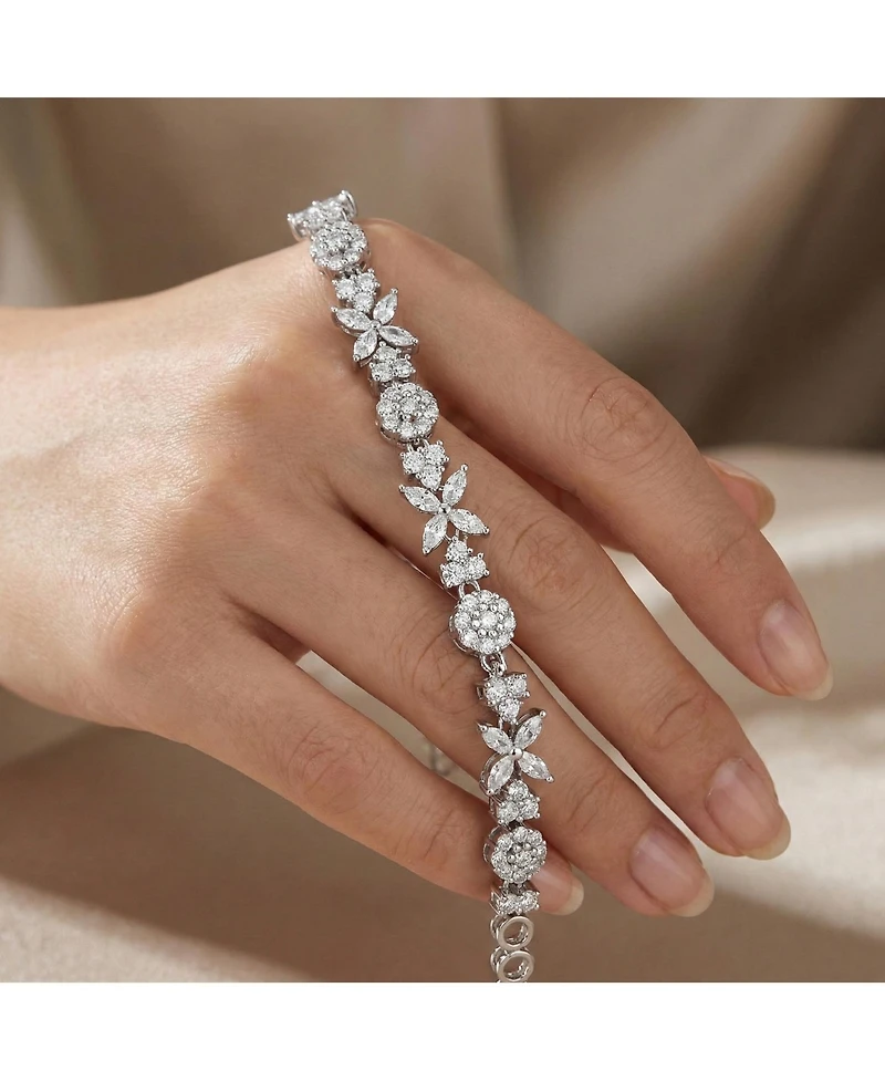 Sterling Silver with White Gold Plated Clear Round and Marquise Cubic Zirconia Cluster Flower-Inspired Tennis Bracelet