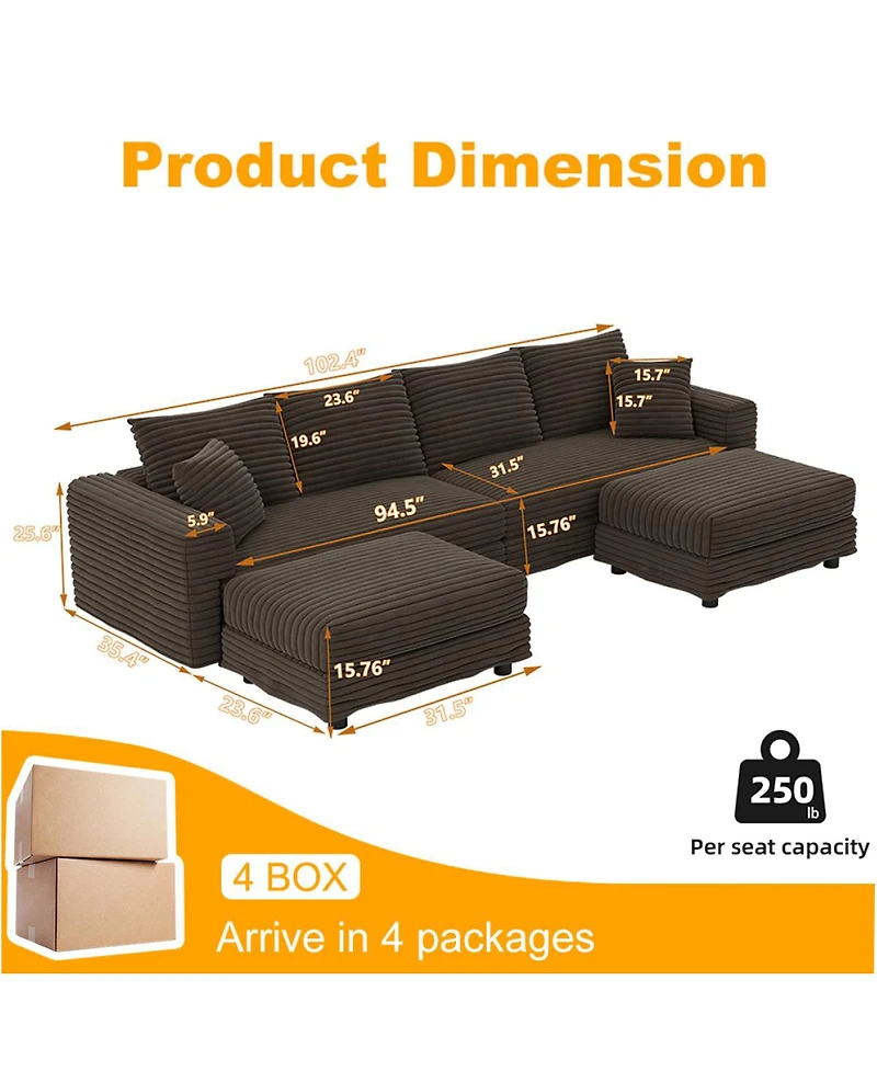 Streamdale Furniture Plush Corduroy 4-Seat Sofa, Modern Comfy Upholstered Cloud Couch with Pillows & Ottomans