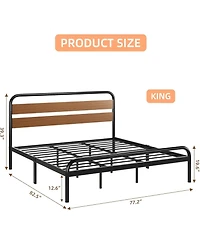 gaomon King Bed Frame with Wood Headboard, Mid-Century Modern Bed Frame, Metal Platform Bed Frame/No Box Spring Needed/Noise-Free