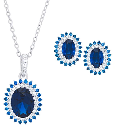 Macy's 2-Pc. Lab Grown Blue Sapphire and Lab Grown White Sapphire (3.36 ct. t.w.) Halo Oval Pendant Necklace and Stud Earrings Set in Sterling Silver