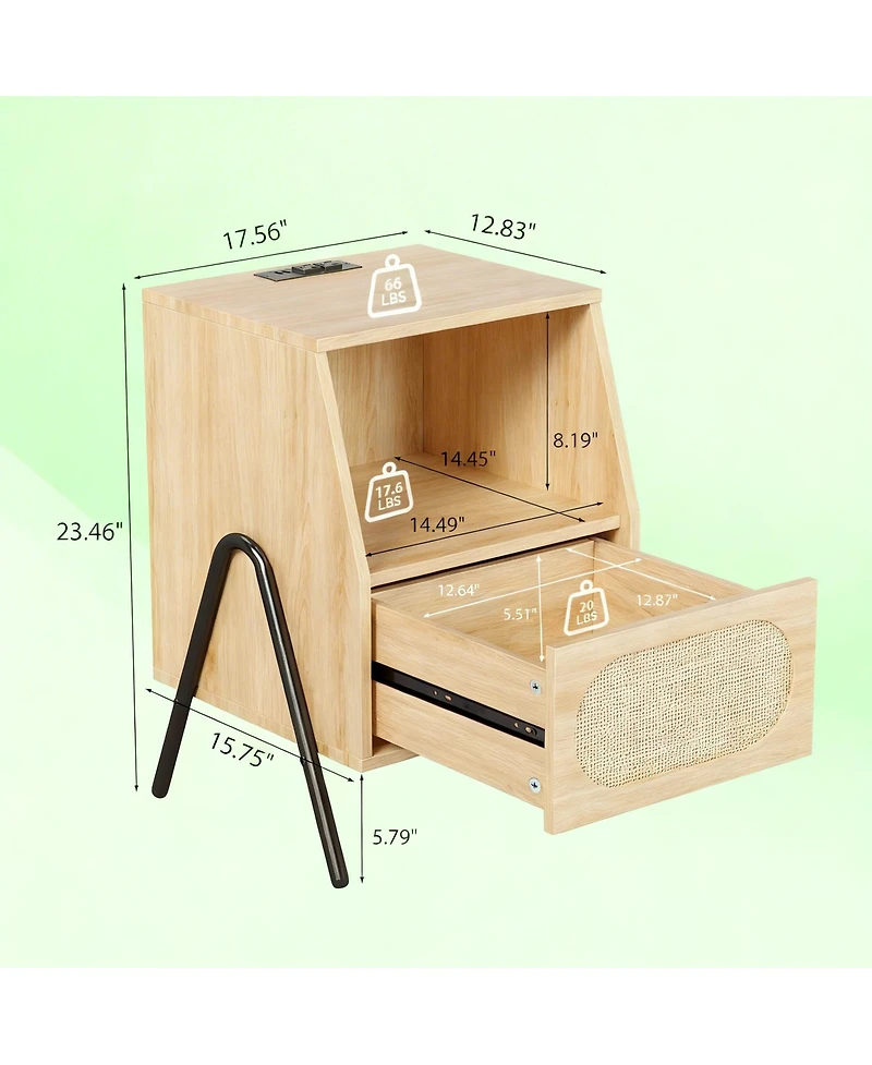 Yigii Rattan Nightstand with Charging Station and Storage