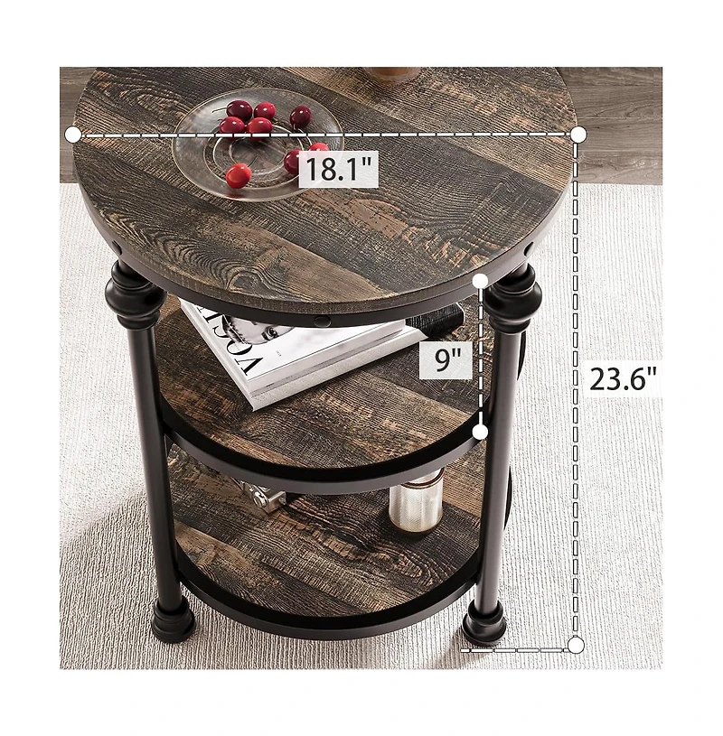 gaomon Round End Table, Small Side Table with 3 Shelves for Living Room, Bedroom, Night Stand Accent Coffee Table with Steel Frame