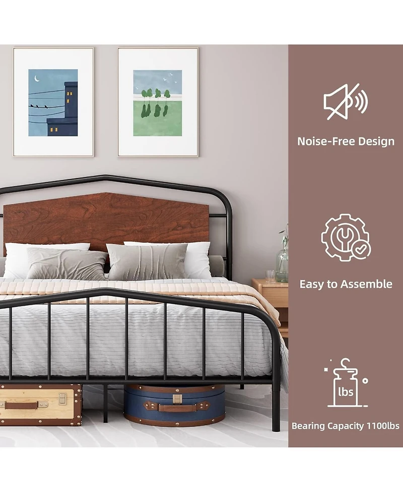 gaomon Metal Bed Frame with Wooden Headboard, Wrought Iron Metal Platform Bed Frame, Under Bed Storage, No Box Spring Required